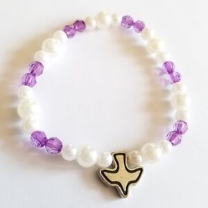 Bird bracelet with faux pearls and purple beads stretch silver tone holy spirit